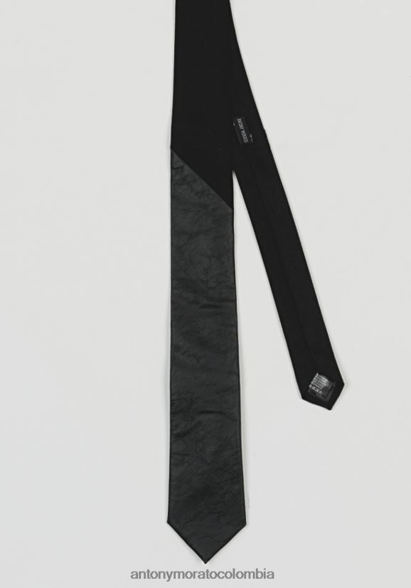accesorios hombres negro 24JL2B374 corbata con detalles de piel sintética y efecto arrugado Antony Morato