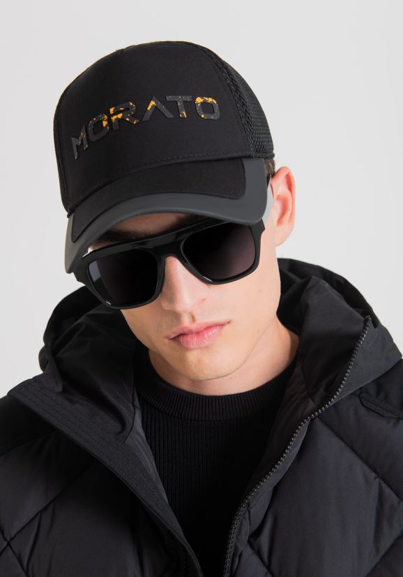 accesorios hombres negro 24JL2B382 gorra de béisbol de popelín con logo de salpicaduras de pintura Antony Morato