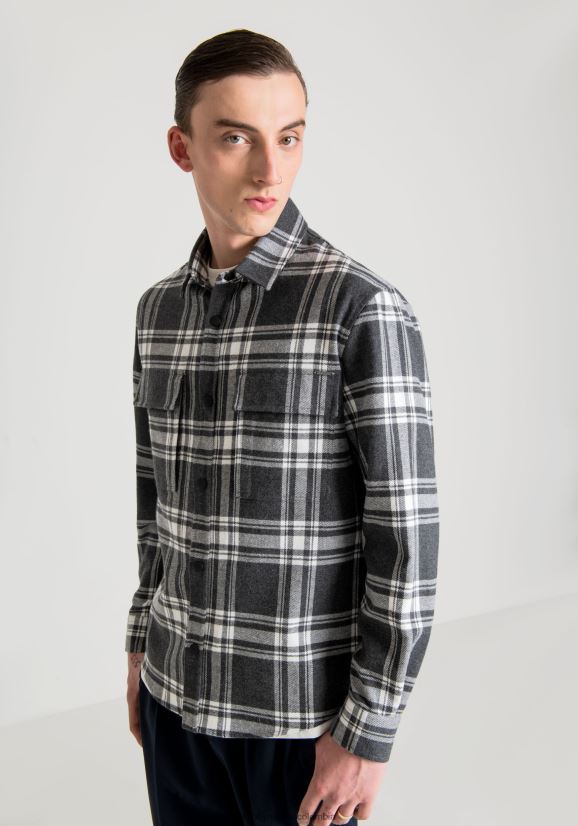 ropa hombres mezcla gris oscuro 24JL2B126 Camisa Munich estándar de corte recto en sarga de algodón con estampado de cuadros Antony Morato