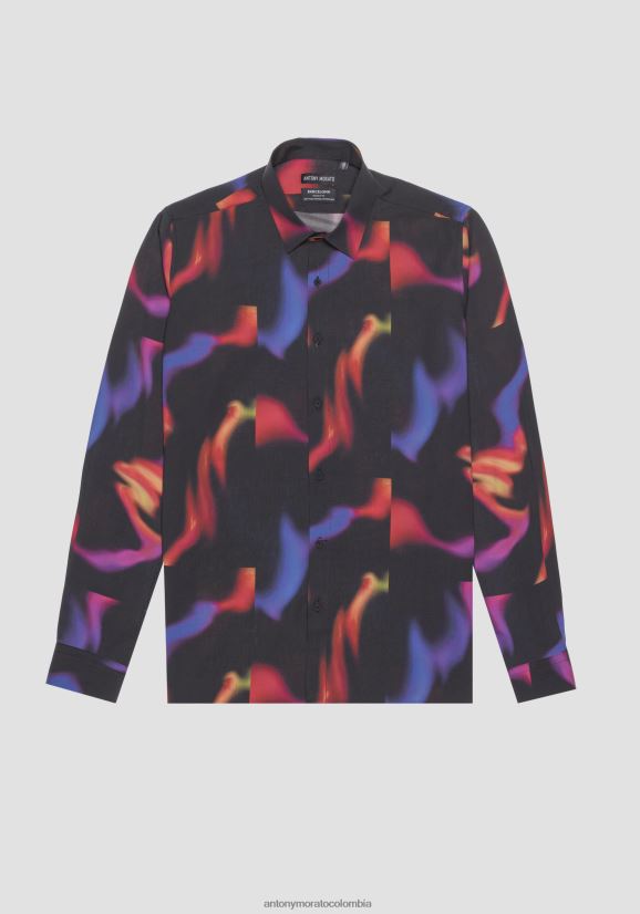 ropa hombres negro 24JL2B116 Camisa barcelona de corte recto en tejido suave de mezcla de algodón con estampado multicolor Antony Morato