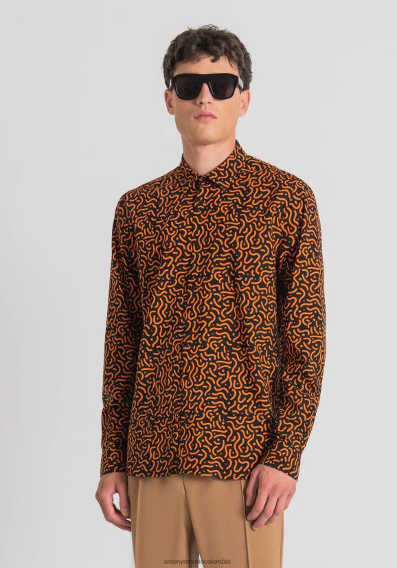 ropa hombres negro 24JL2B128 Camisa regular barcelona de corte recto en tejido estampado de mezcla de algodón Antony Morato