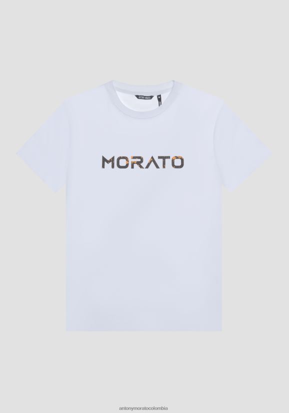 ropa hombres crema 24JL2B149 Camiseta regular fit de puro algodón con logo estampado engomado Antony Morato