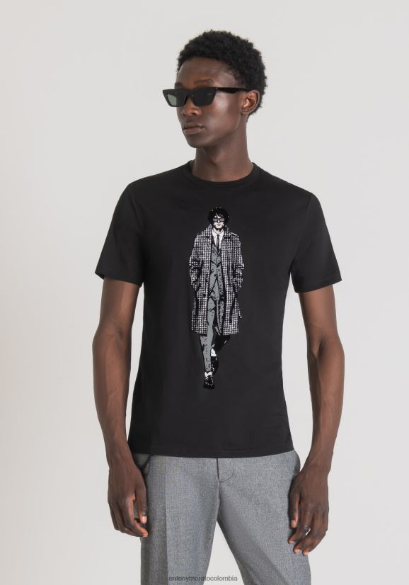 ropa hombres negro 24JL2B153 Camiseta slim fit de puro algodón con estampado frontal Antony Morato