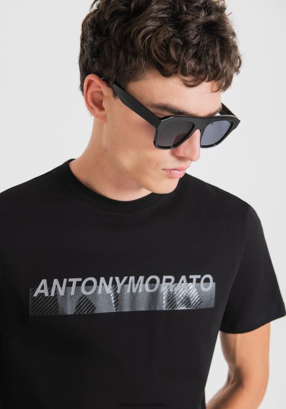 ropa hombres negro 24JL2B155 Camiseta slim fit de 100% algodón con logo estampado engomado Antony Morato