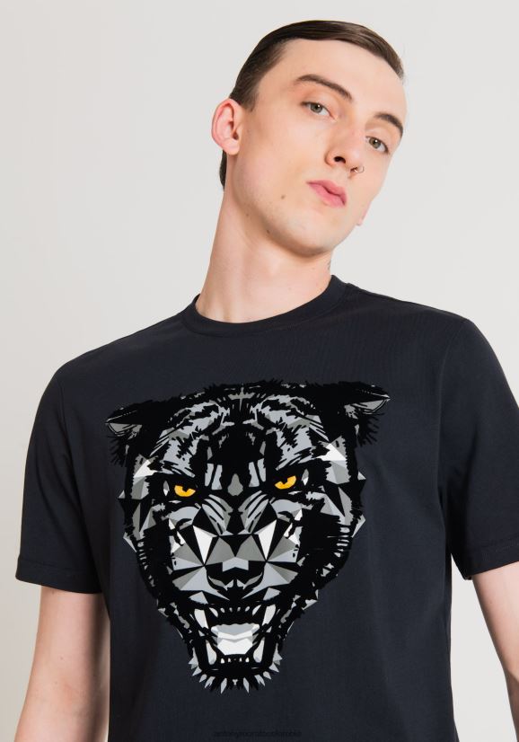 ropa hombres tinta azul 24JL2B202 Camiseta regular fit de 100% algodón suave con estampado de pantera Antony Morato