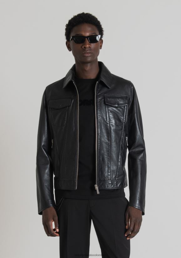 ropa hombres negro 24JL2B1 chaqueta slim fit de piel auténtica con cuello camisero Antony Morato