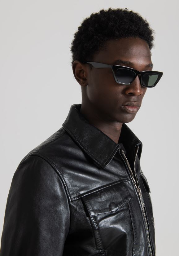 ropa hombres negro 24JL2B1 chaqueta slim fit de piel auténtica con cuello camisero Antony Morato