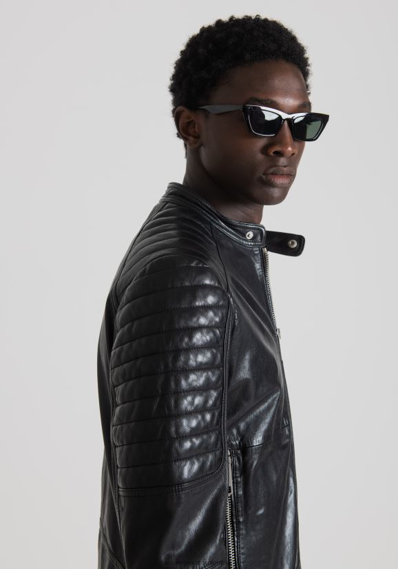 ropa hombres negro 24JL2B3 Chaqueta biker slim fit de piel auténtica con cuello coreano Antony Morato