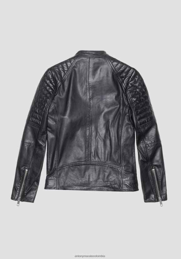 ropa hombres negro 24JL2B3 Chaqueta biker slim fit de piel auténtica con cuello coreano Antony Morato