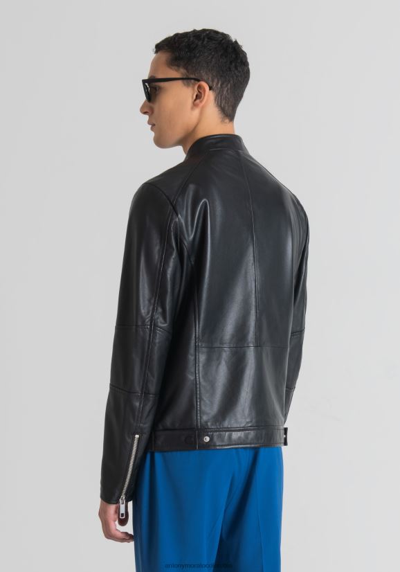 ropa hombres negro 24JL2B4 Chaqueta biker slim fit de piel auténtica con cuello coreano Antony Morato