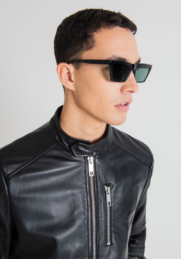 ropa hombres negro 24JL2B4 Chaqueta biker slim fit de piel auténtica con cuello coreano Antony Morato