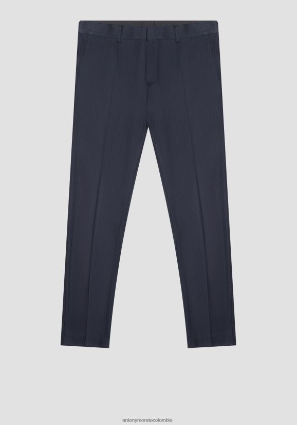 ropa hombres tinta azul 24JL2B246 pantalones bonnie slim fit de tejido de mezcla de viscosa con motivo de raya diplomática Antony Morato