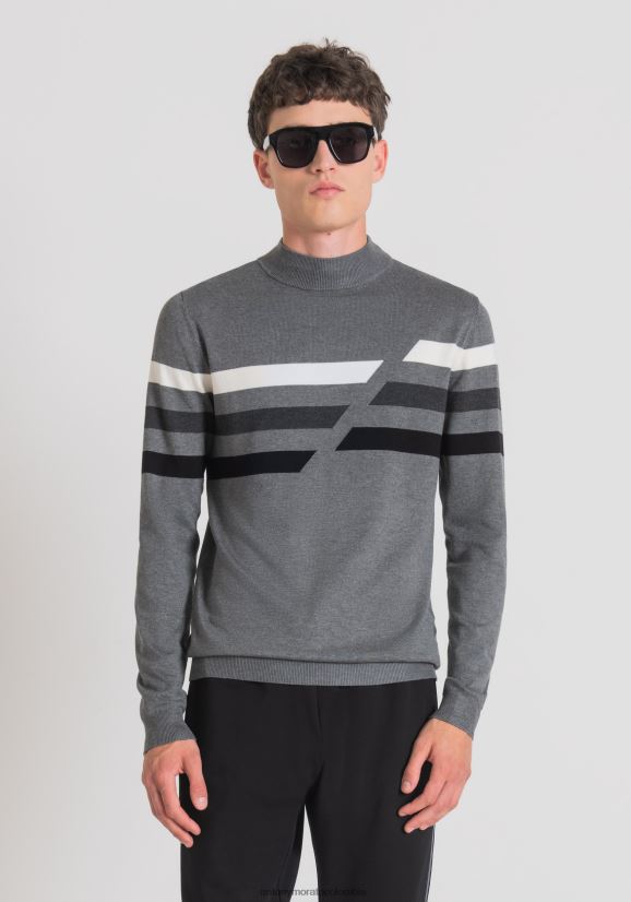 ropa hombres gris mel.medio 24JL2B76 Cuello tipo polo ajustado en hilo de viscosa afeitada elástica con rayas de jacquard en contraste Antony Morato