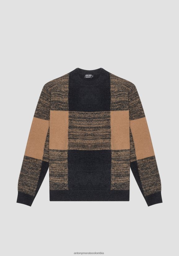 ropa hombres negro 24JL2B101 Jersey regular fit de hilo de mezcla de mohair con motivo de cuadros en jacquard Antony Morato