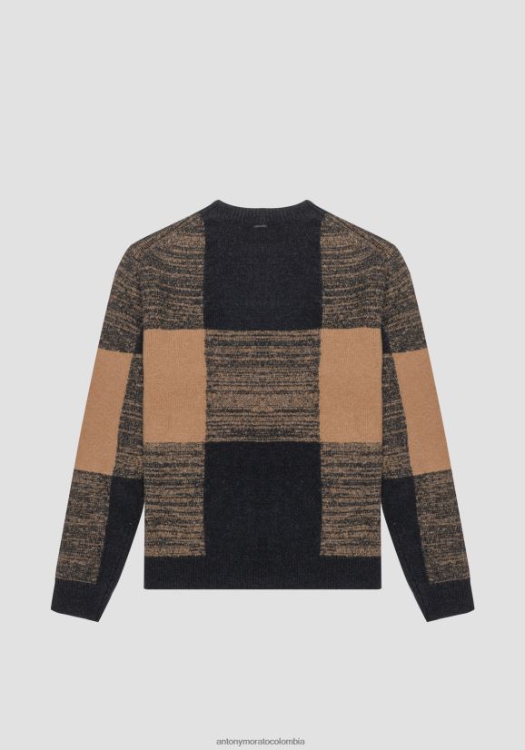 ropa hombres negro 24JL2B101 Jersey regular fit de hilo de mezcla de mohair con motivo de cuadros en jacquard Antony Morato