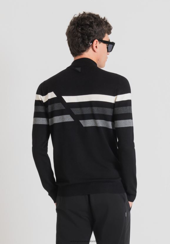 ropa hombres negro 24JL2B90 Cuello tipo polo ajustado en hilo de viscosa afeitada elástica con rayas de jacquard en contraste Antony Morato