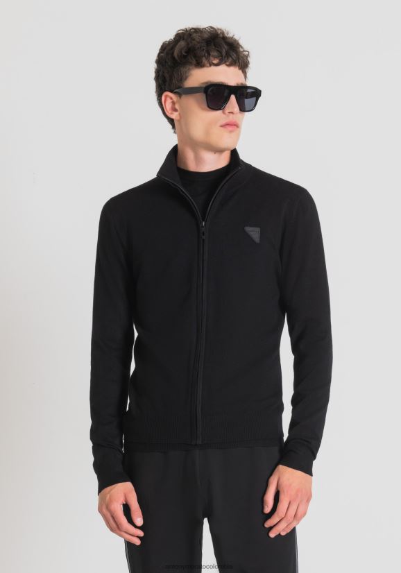 ropa hombres negro 24JL2B95 Jersey de cuello alto con cremallera de hilo de viscosa rasurada elástica con parche con logotipo Antony Morato