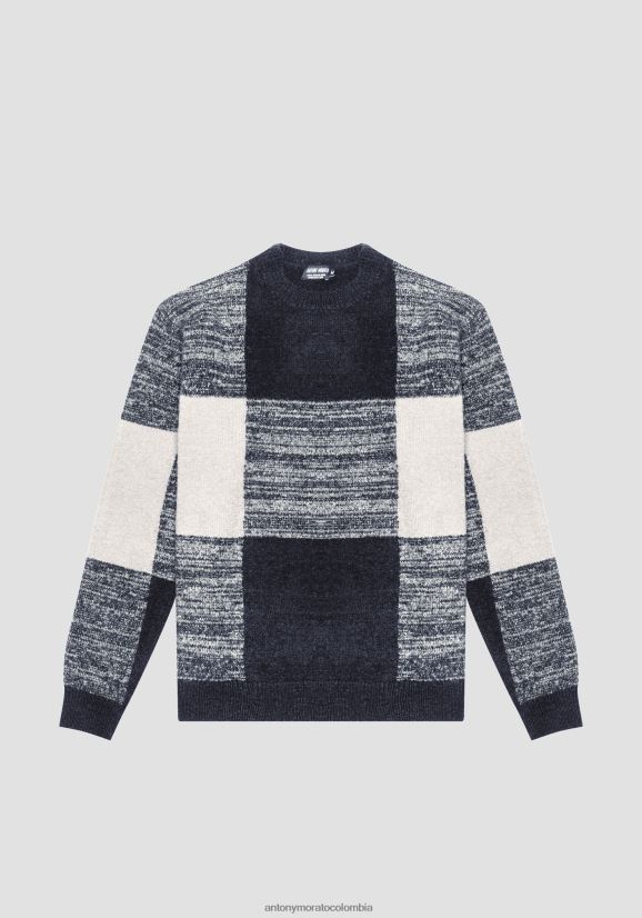 ropa hombres tinta azul 24JL2B80 Jersey regular fit de hilo de mezcla de mohair con motivo de cuadros en jacquard Antony Morato