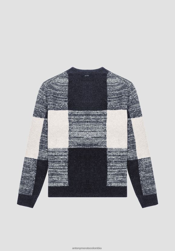 ropa hombres tinta azul 24JL2B80 Jersey regular fit de hilo de mezcla de mohair con motivo de cuadros en jacquard Antony Morato