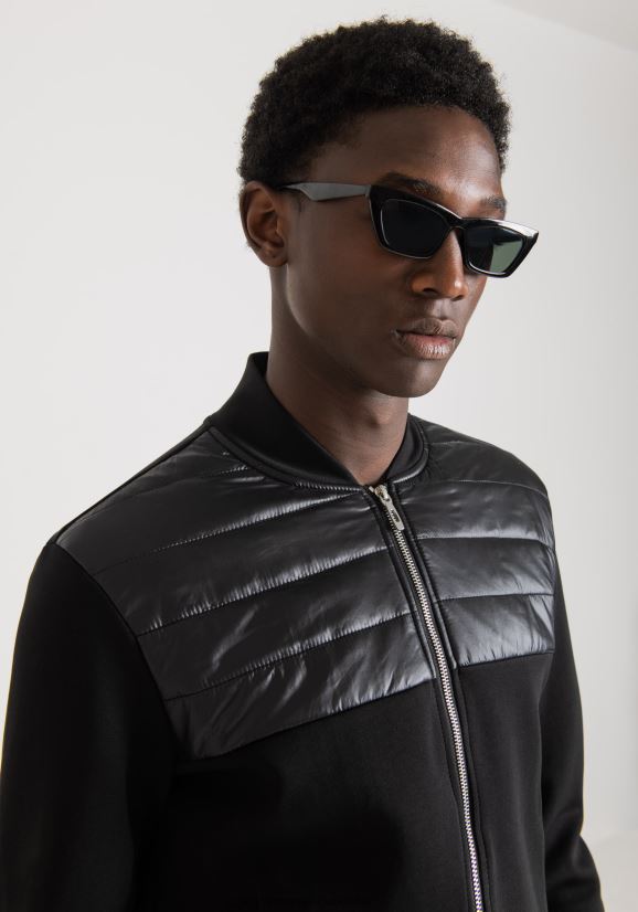 ropa hombres negro 24JL2B63 Sudadera regular fit de mezcla de algodón con aplicación de nailon brillante Antony Morato