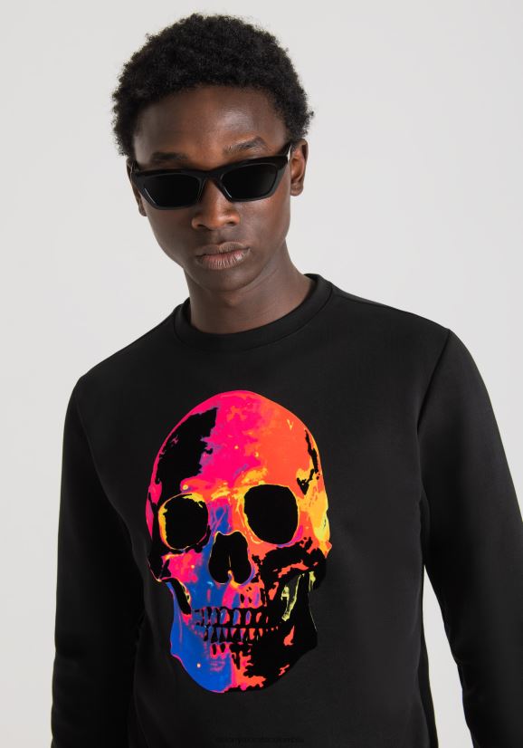 ropa hombres negro 24JL2B68 Sudadera regular fit en tejido de mezcla de algodón con estampado de calaveras multicolor Antony Morato