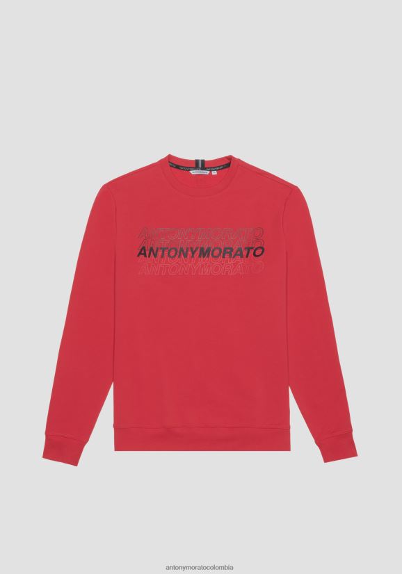 ropa hombres rojo 24JL2B57 sudadera slim fit de suave algodón elástico con logo estampado engomado en contraste Antony Morato